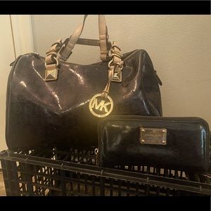 USED Michael Kors Medium Logo Patent Leather Satchel & wallet set